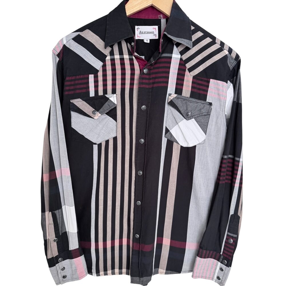 Ace of Diamond Black Western Styling Plaid Button-Up Cotton Collared Men's Small